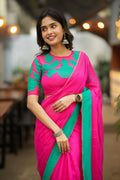 Pink organza saree with floral hand work blouse