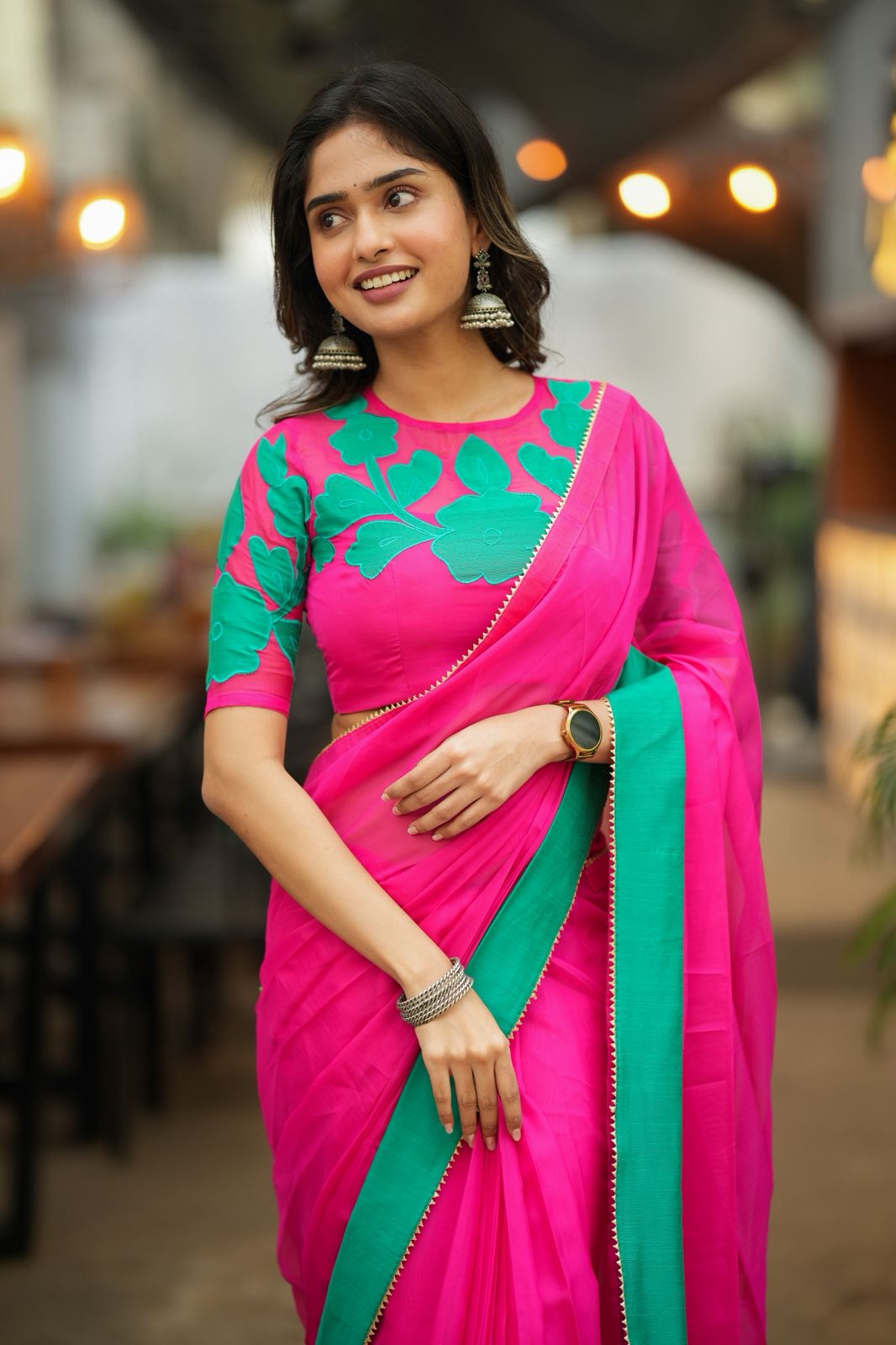 Pink organza saree with floral hand work blouse