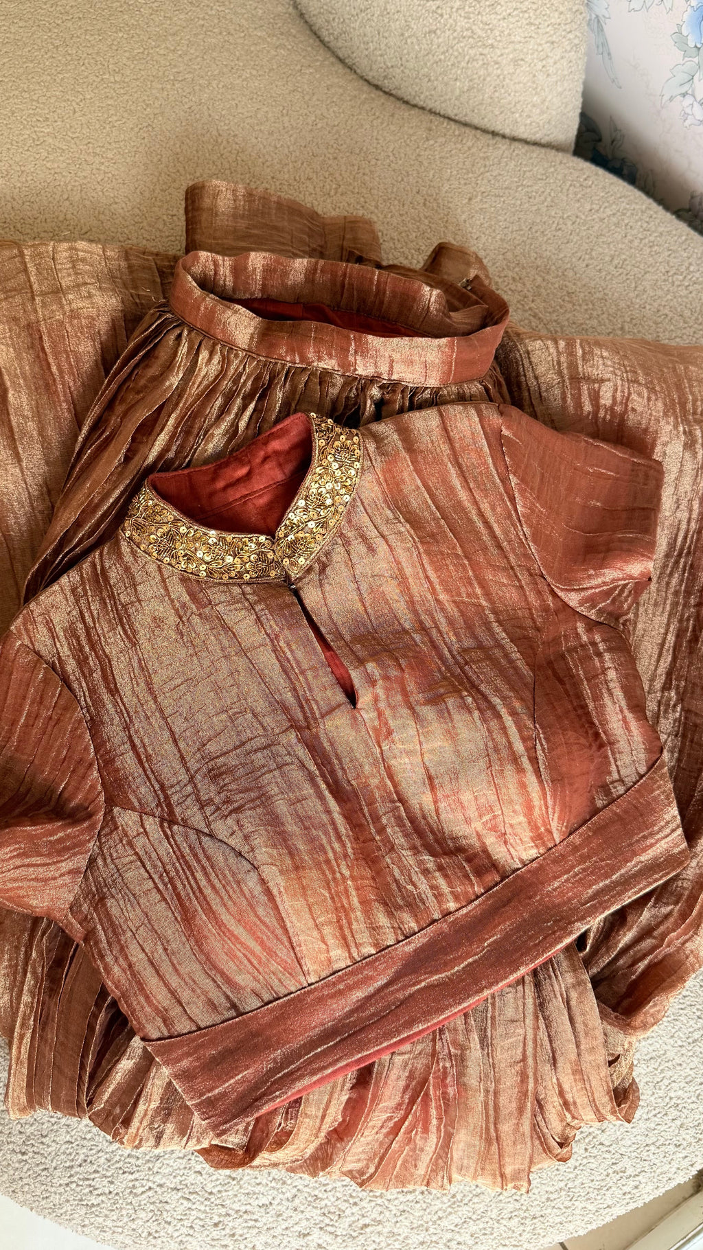 Copper tissue hand work lehenga