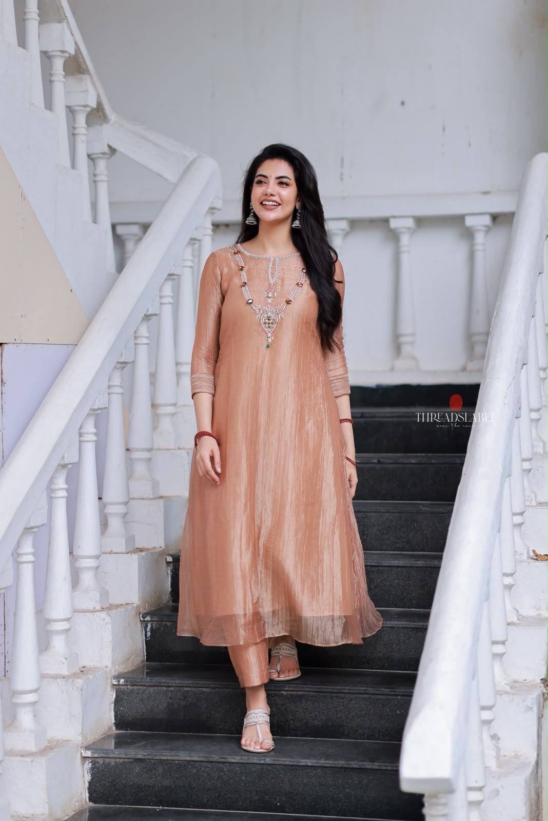 Peach tissue JEWEL NECK kurti