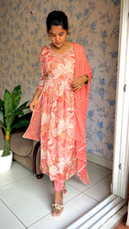 Peach Chinnon floral printed 3 piece kurti suit