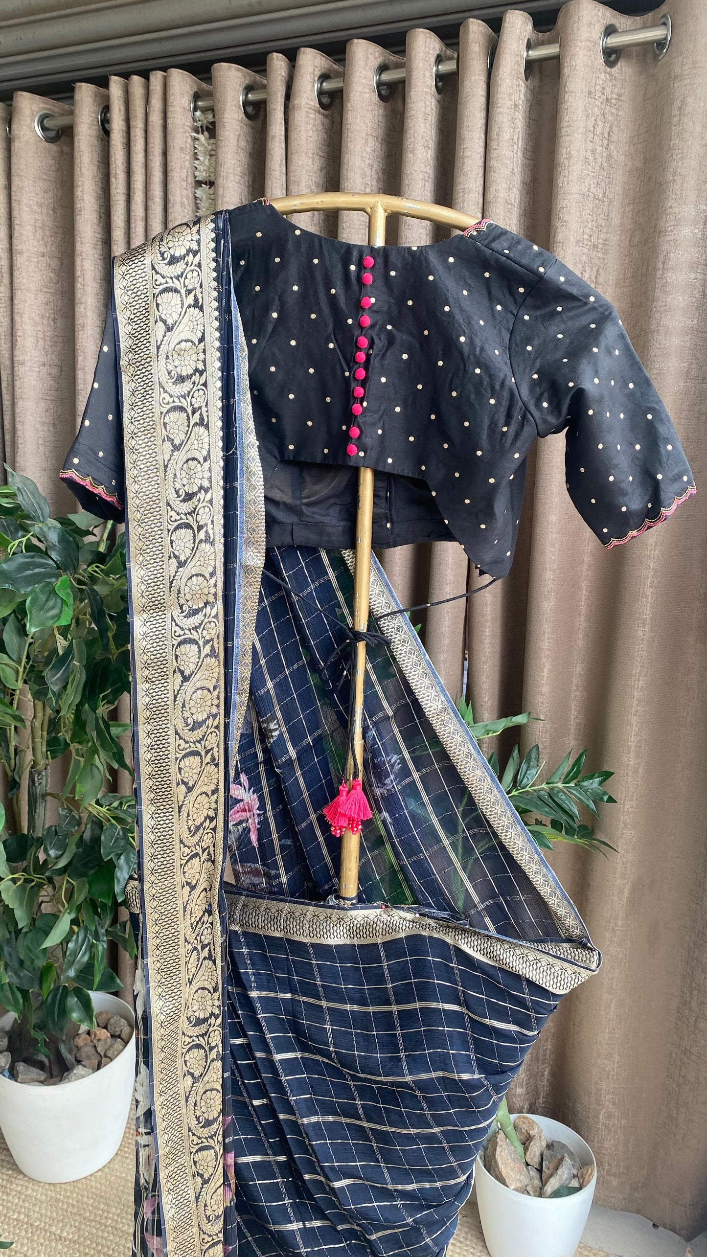 Black chiffon floral saree with hand worked blouse