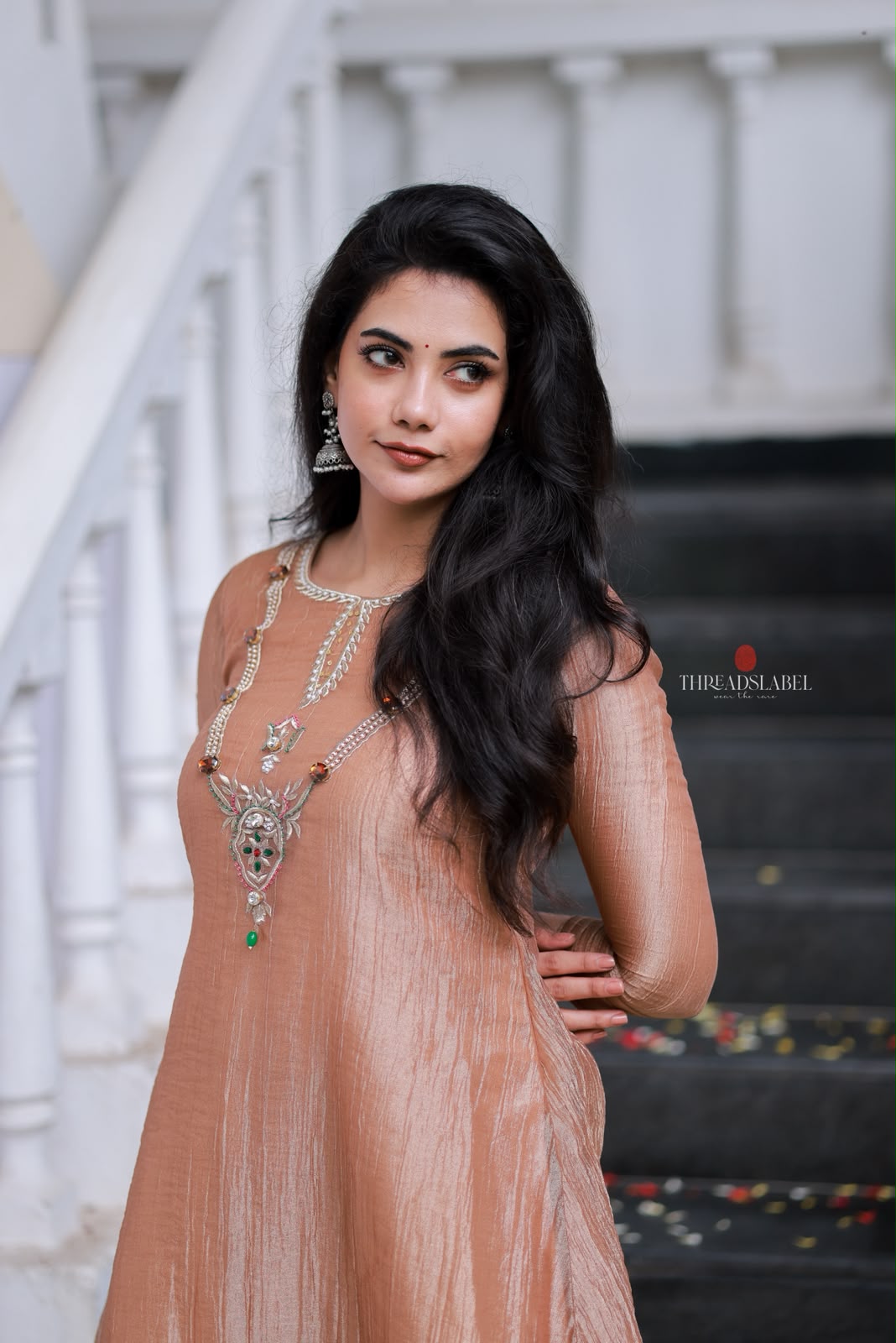 Peach tissue JEWEL NECK kurti