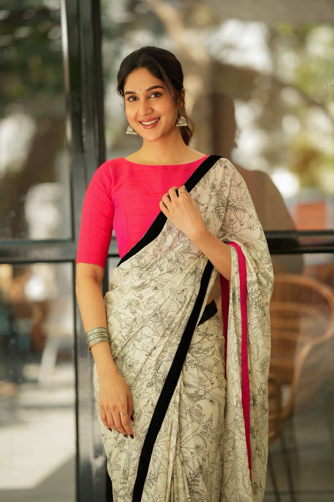 Half white mul cotton kalamkari saree with handwork blouse