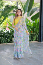 Light Blue chiffon saree with hand work blouse
