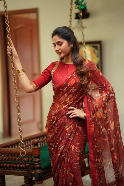 Maroon chiffon floral saree with hand work blouse