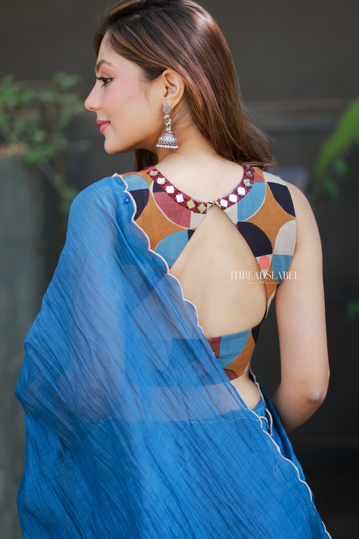 Blue mul chanderi saree with mirror work blouse