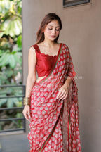 Red cotton kota saree with hand work blouse