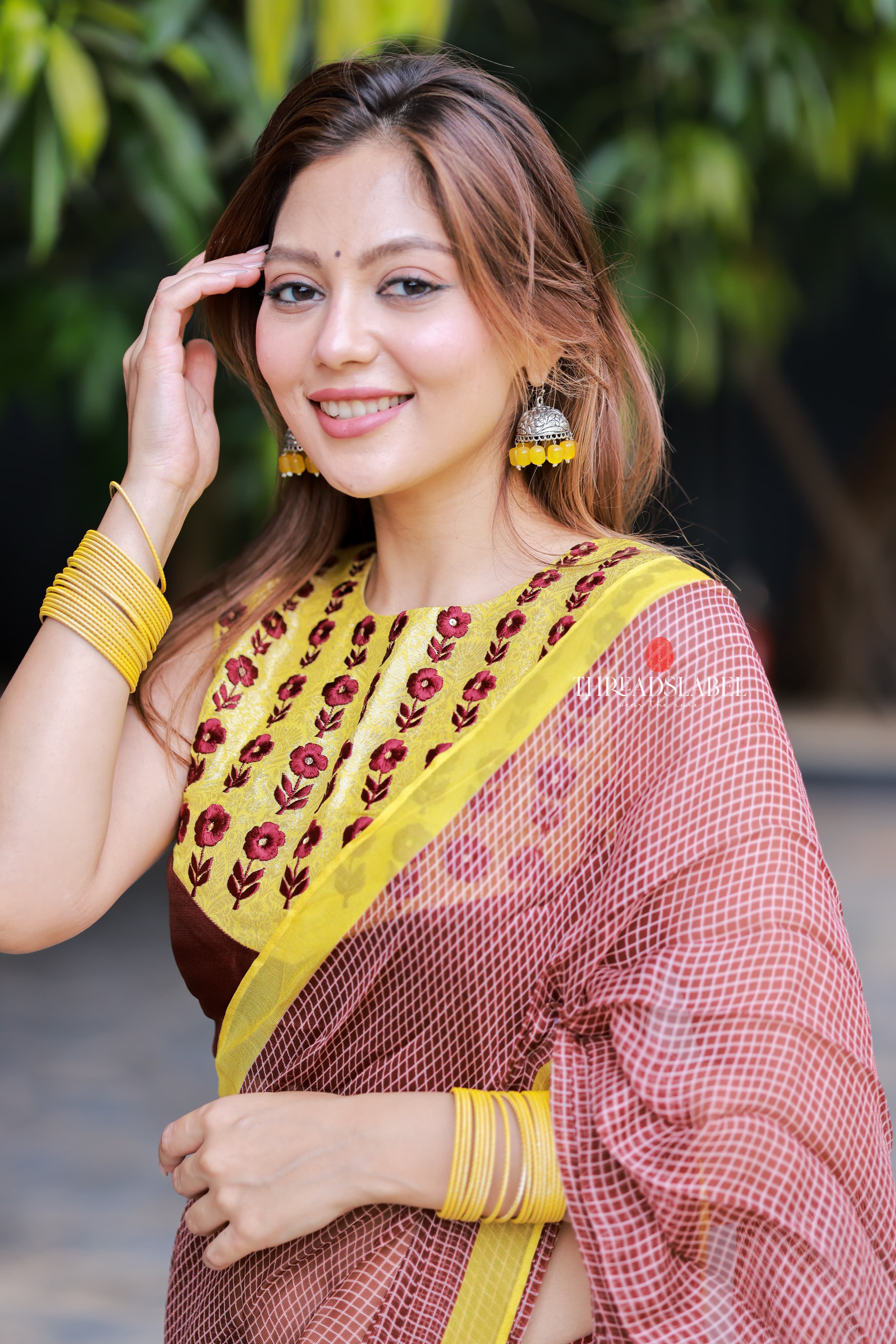 Brown jute saree with banarasi hand work blouse