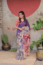 Purple kota saree with kalamkari work blouse