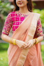 Peach banarasi saree with silk hand work blouse