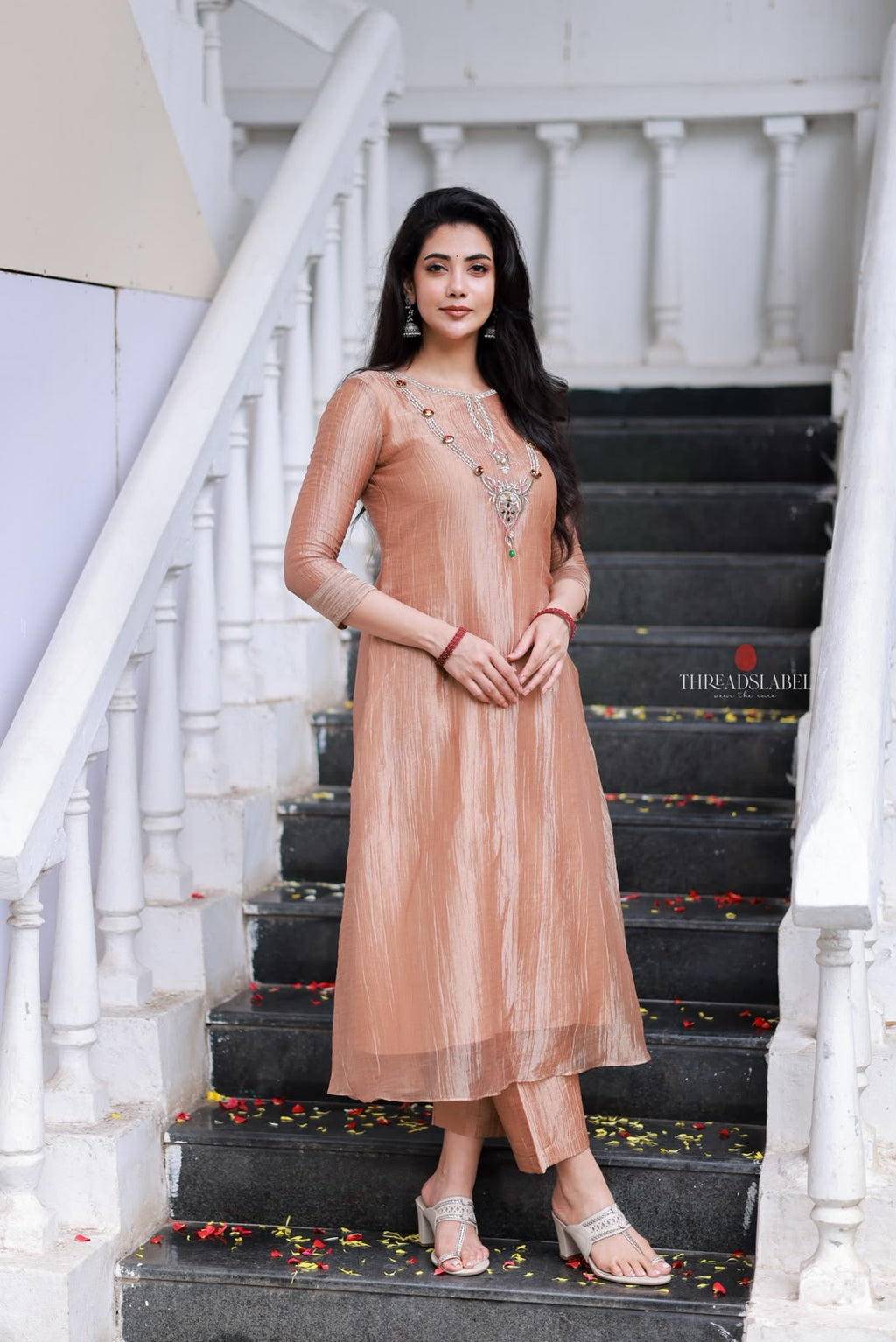 Peach tissue JEWEL NECK kurti