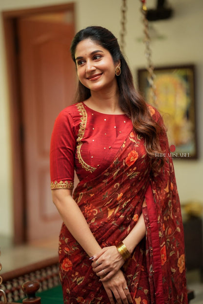 Maroon chiffon floral saree with hand work blouse