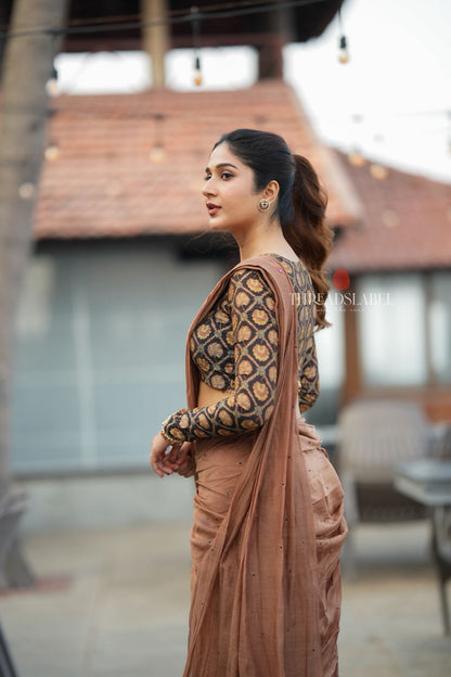 Brown malai chanderi saree with Ajrak print blouse