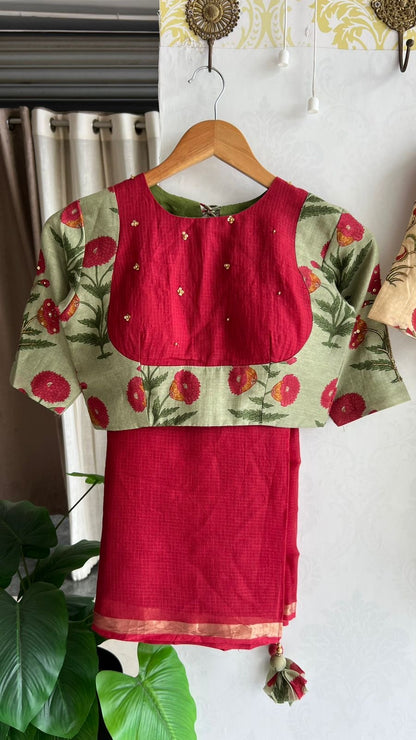 Maroon pure kota saree with green hand work blouse