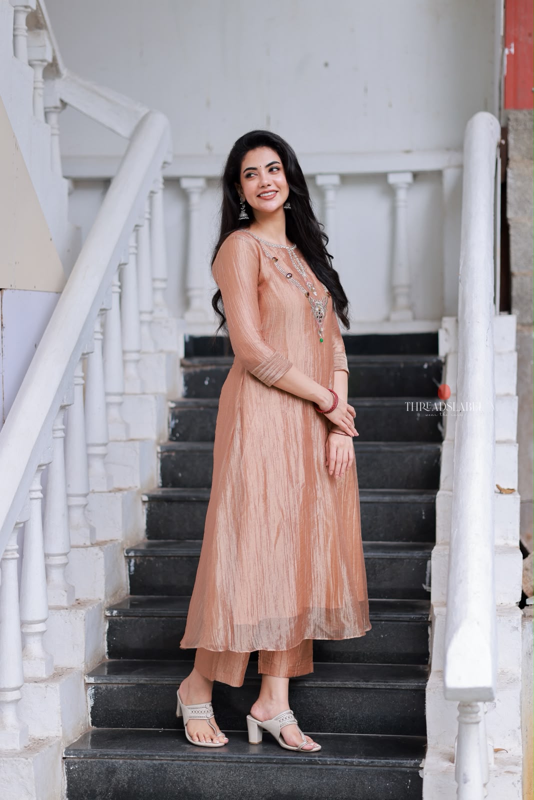 Peach tissue JEWEL NECK kurti