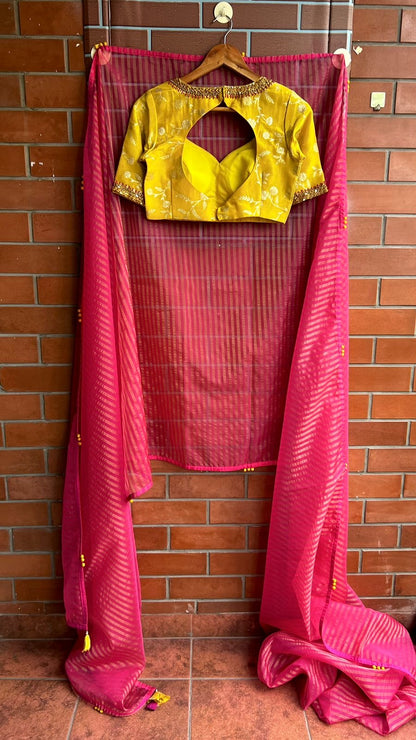 Pink stripped tissue saree with yellow floral hand work blouse