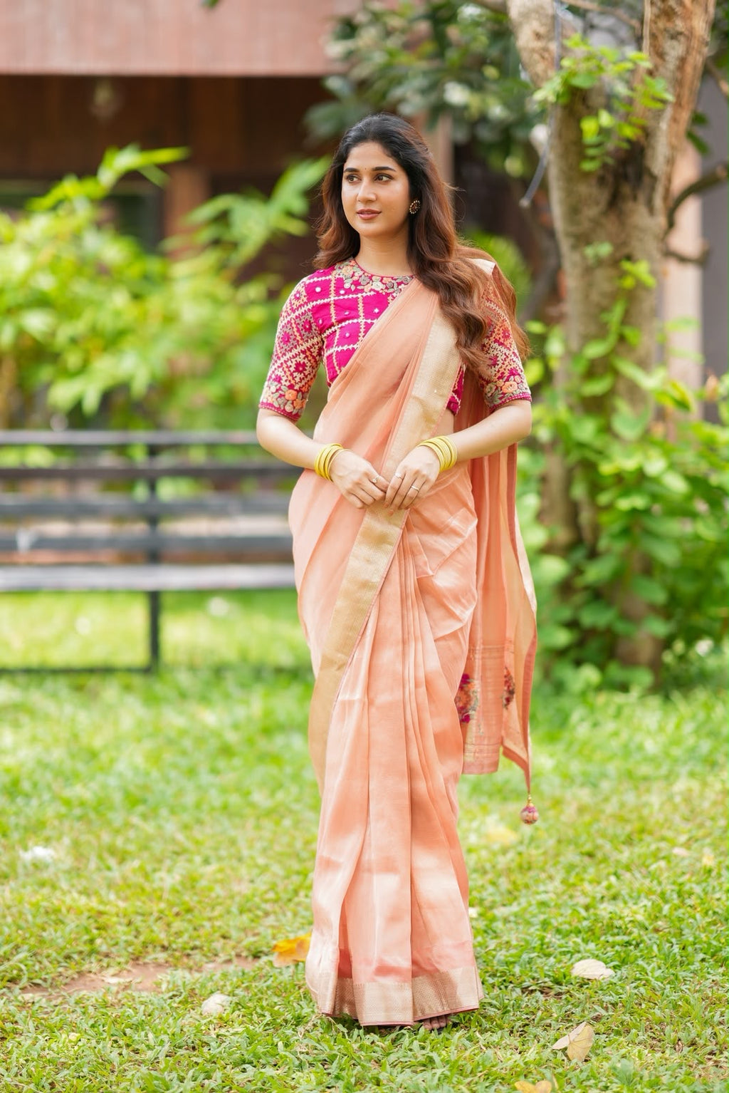 Peach banarasi saree with silk hand work blouse