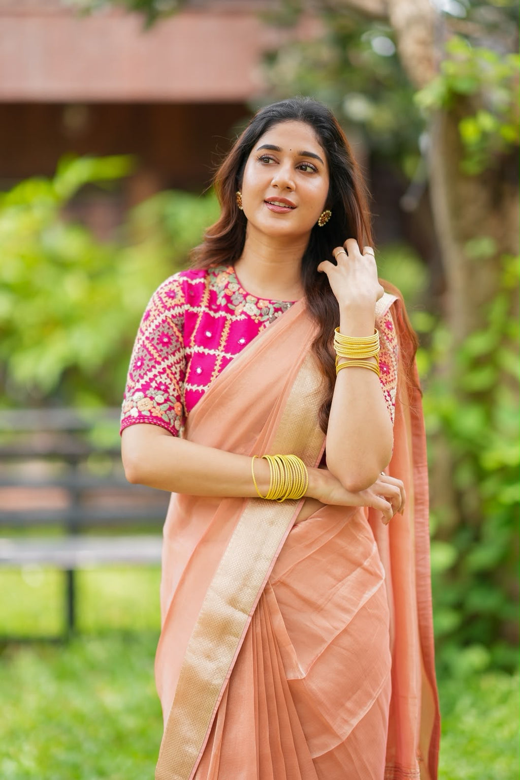 Peach banarasi saree with silk hand work blouse