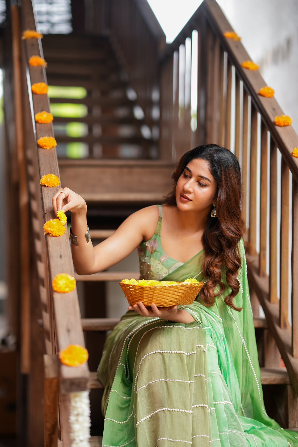 Multi Green Mul Chanderi Saree with Handwork Blouse