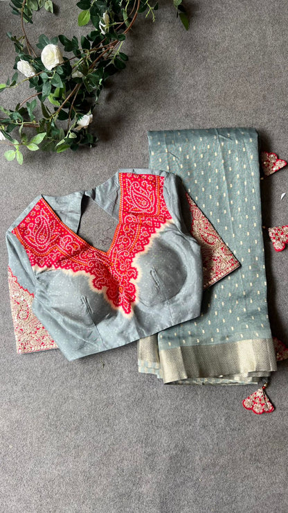 Grey banarasi saree with heavy embroidery blouse