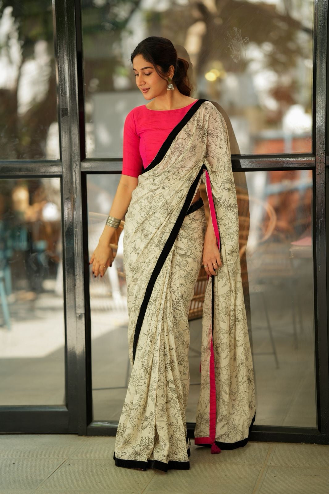 Half white mul cotton kalamkari saree with handwork blouse