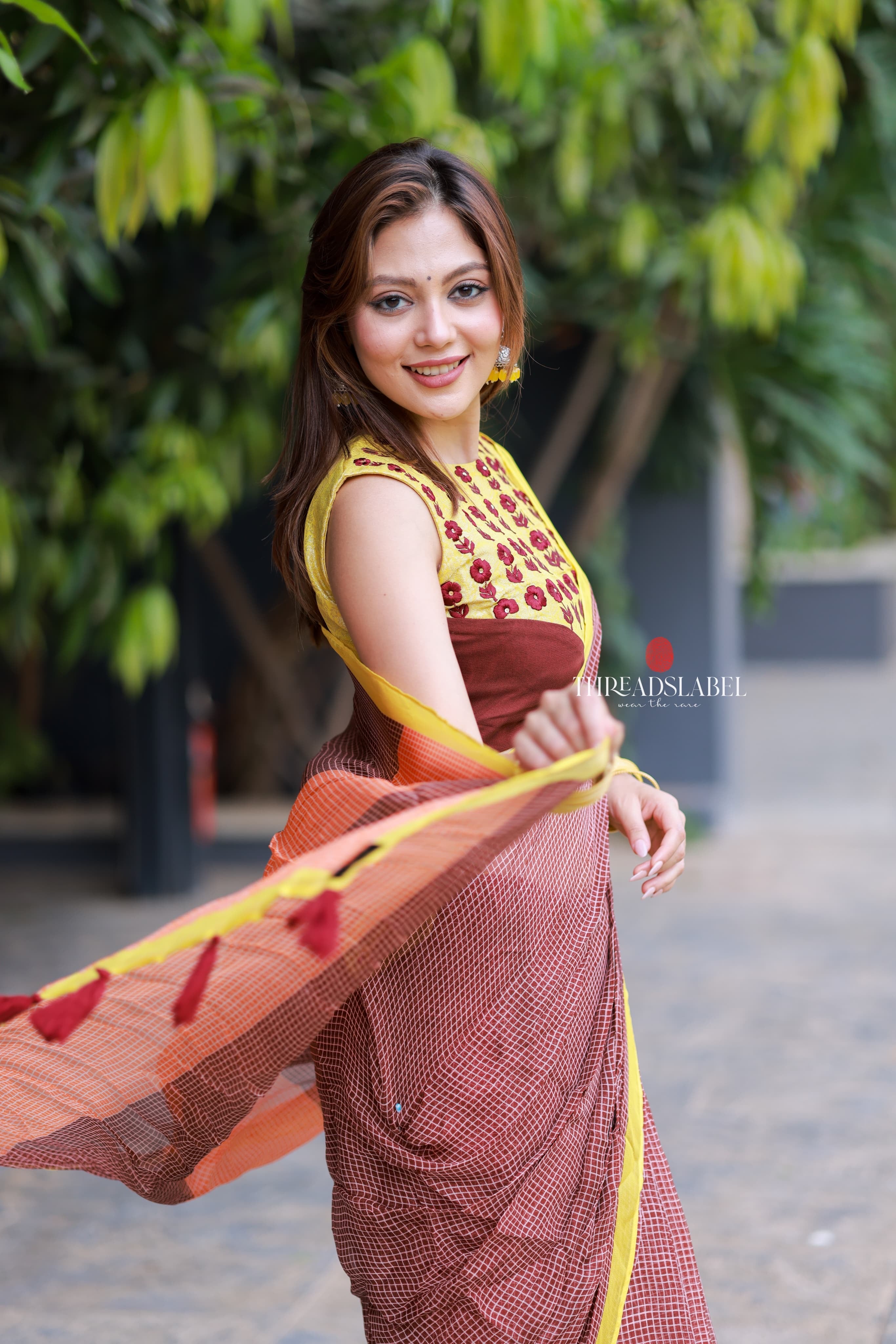 Brown jute saree with banarasi hand work blouse