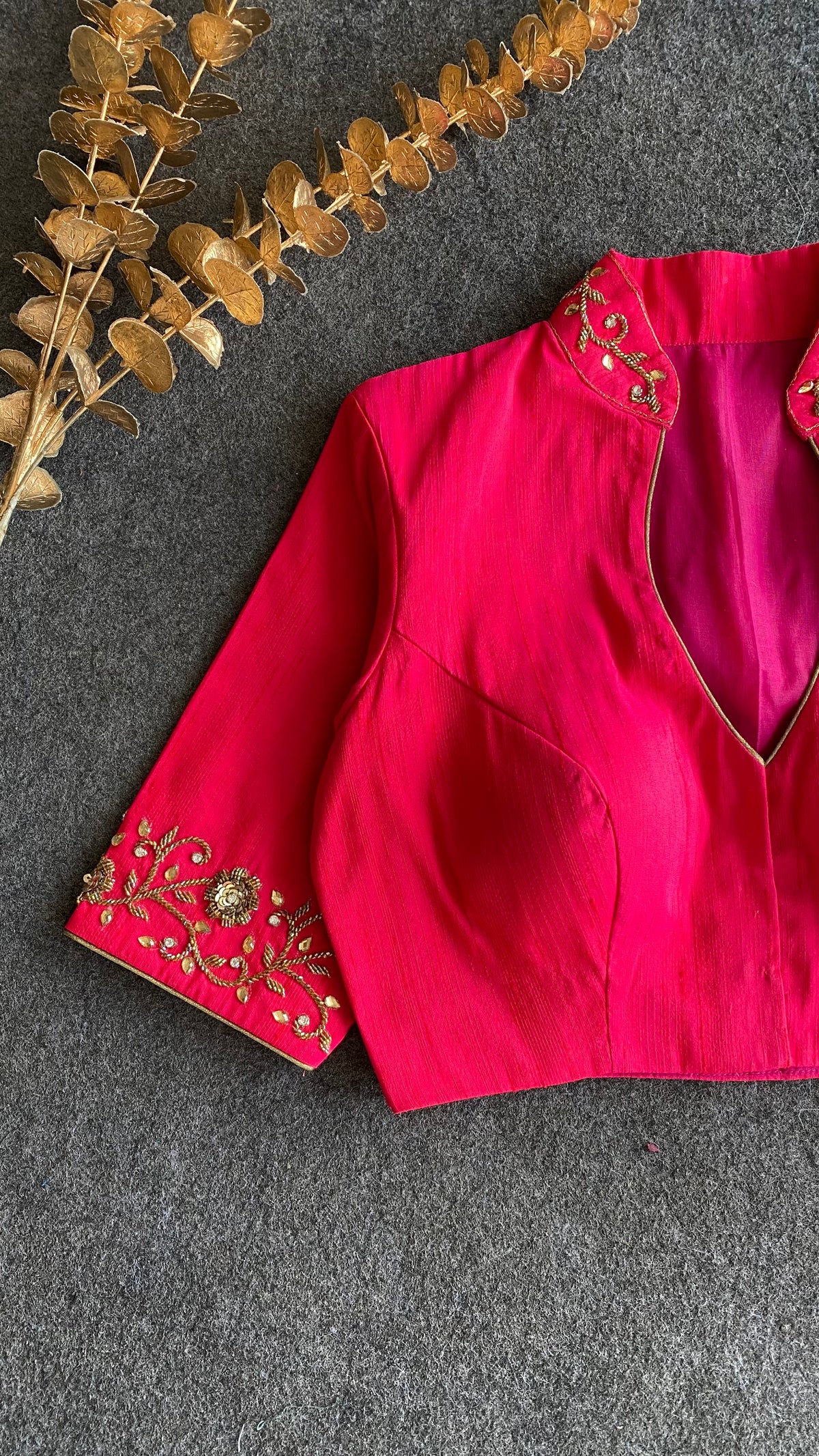 Pink silk collar & sleeves hand worked blouse