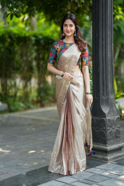 Silver soft tissue saree with blue kalamakari blouse