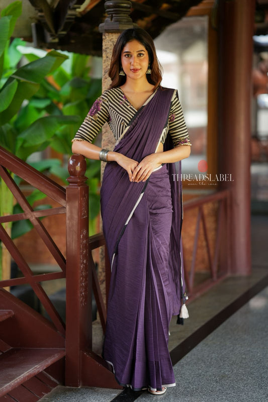 Deep purple mul cotton saree with hand block print blouse