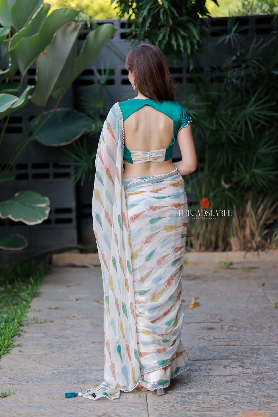 Cream chiffon paisley print saree (only saree)