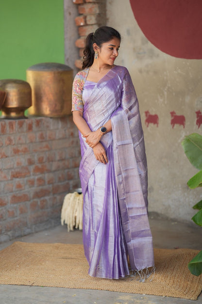 Lavender soft tissue saree with embroidered blouse