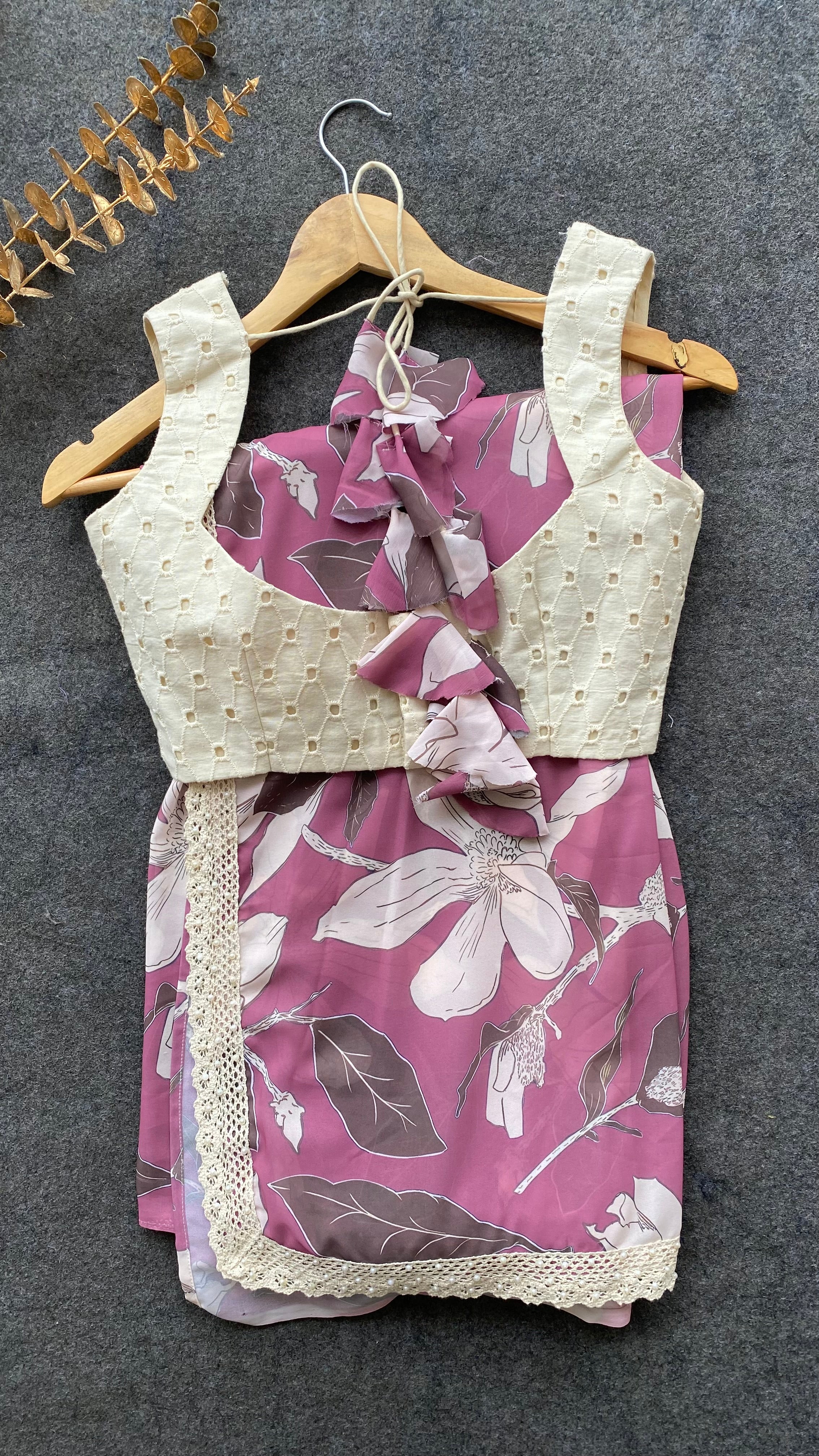 Lilac pink georgette saree with white embroidery blouse