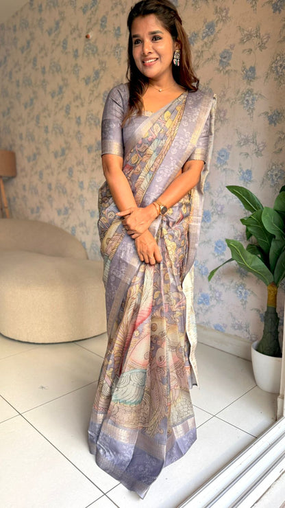 Smokey grey linen cotton kalamkari saree with pearl work blouse