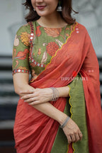 Orange rust mul cotton saree with kalamkari mirror blouse