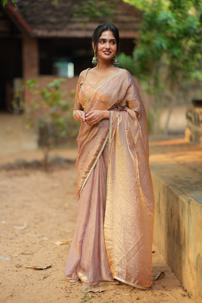 Golden peach glass tissue saree with banarasi blouse