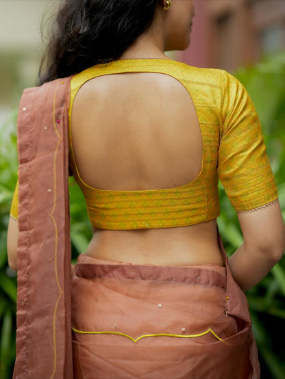 Brown soft organza saree with lime green ikkat blouse