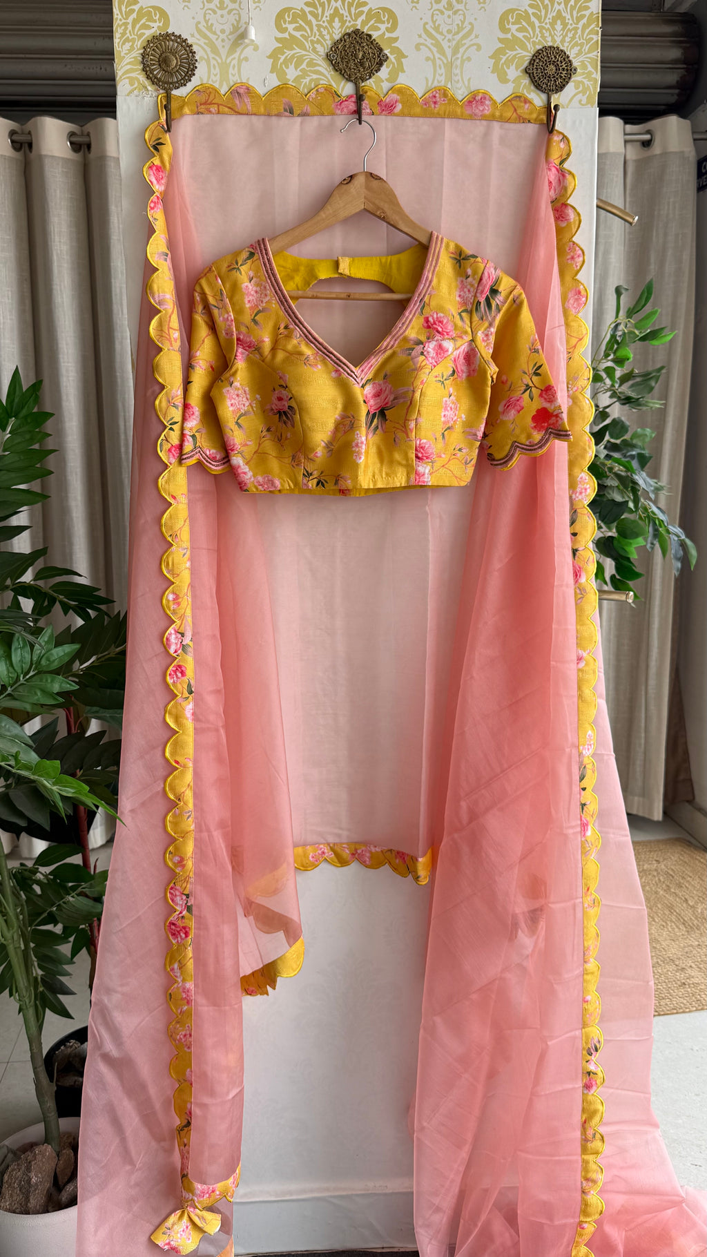 Peach organza saree with yellow floral hand work blouse