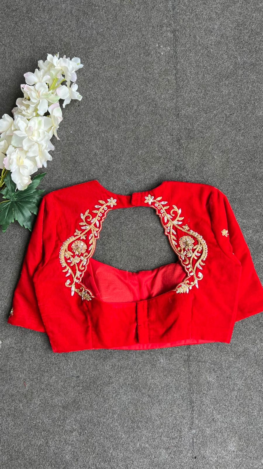 Red velvet heavy hand work blouse