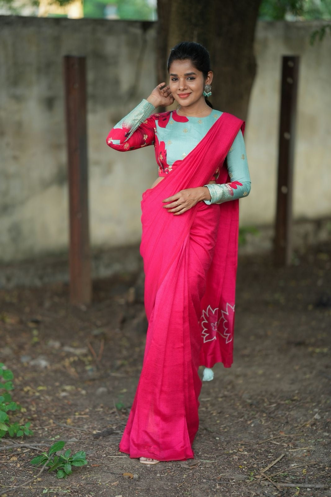 Pink marble silk saree with  embroidery blouse