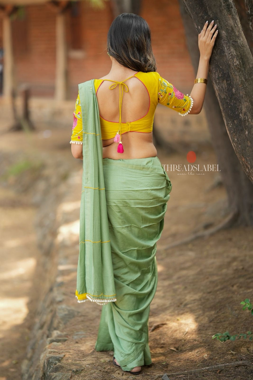 Yellow silk floral embroidery blouse (only blouse)