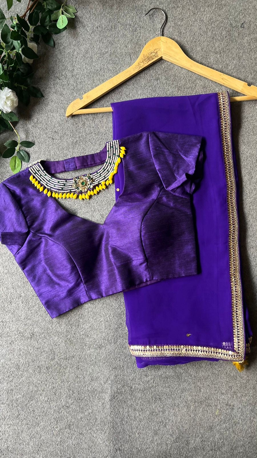 purple jewel neck hand worked blouse
