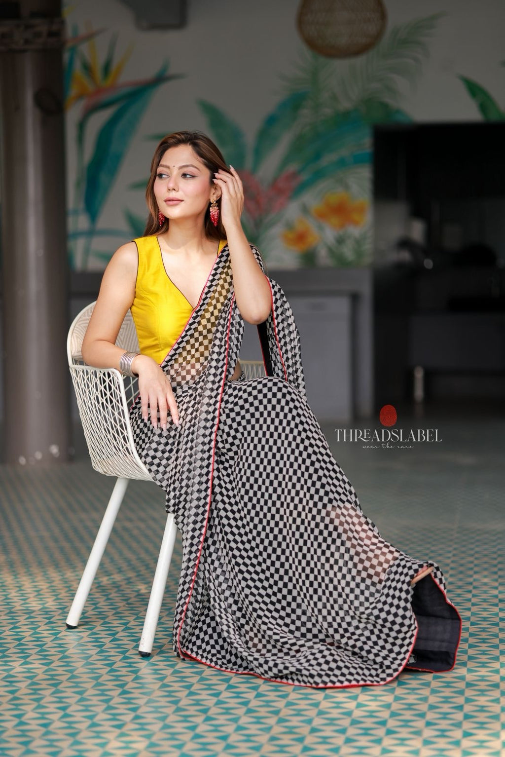Black & white matrix chiffon saree with chess blouse