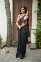 Black mul chanderi saree with pink embroidery blouse