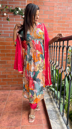 Chinnon floral printed 3 piece alia cut kurti suit