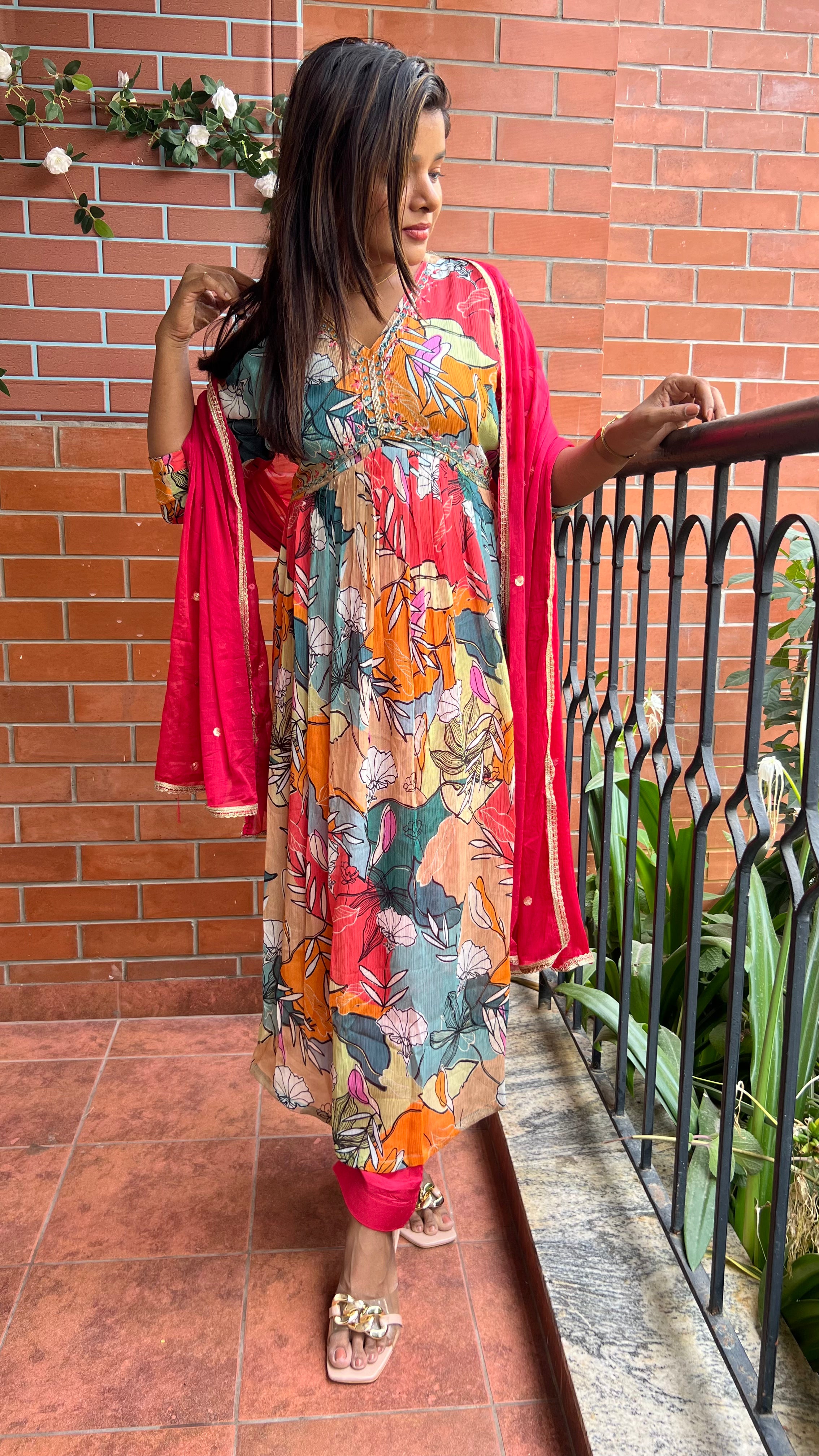 Chinnon floral printed 3 piece alia cut kurti suit