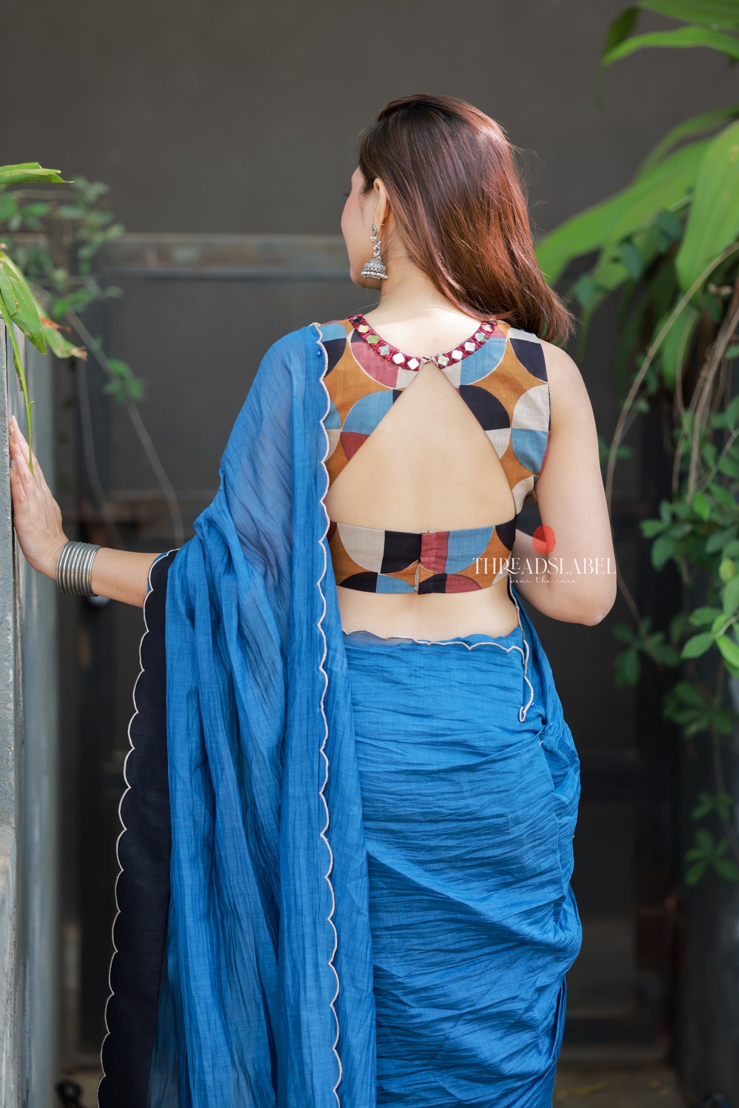 Blue mul chanderi saree with mirror work blouse