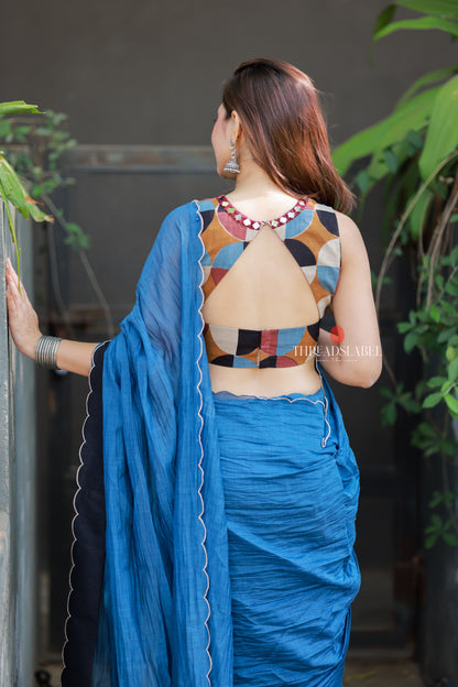 Blue mul chanderi saree with mirror work blouse