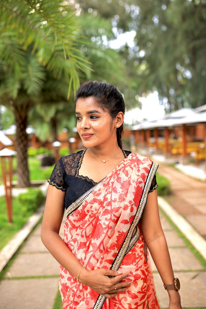 Cream red kota doria designer saree