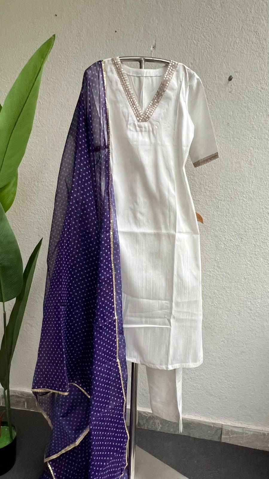 White & purple silk 3 piece kurti dress